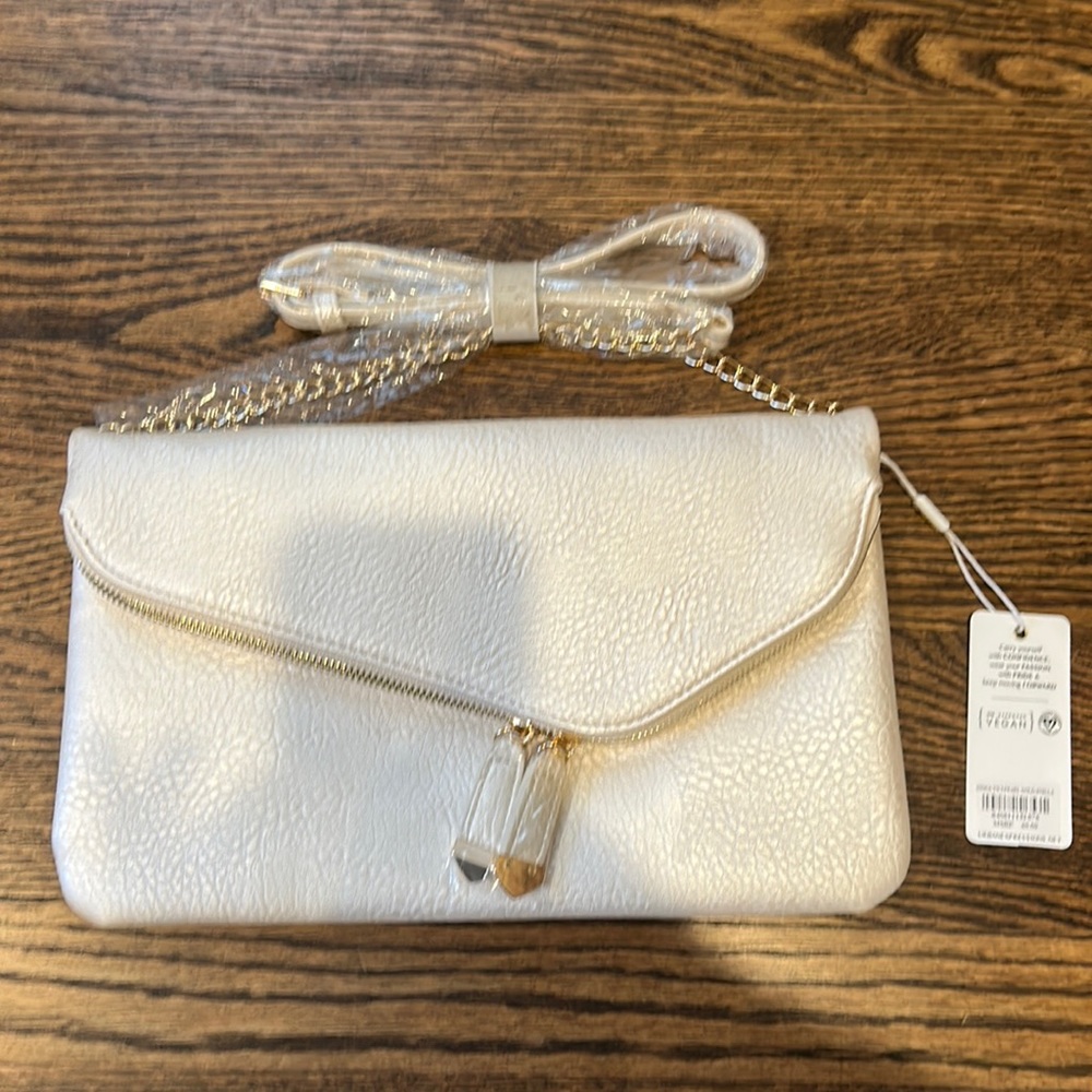 Pearl white large clutch with shoulder strap